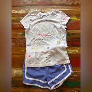 Champion White Tee with Multicolor Logo Print and Lavender Shorts